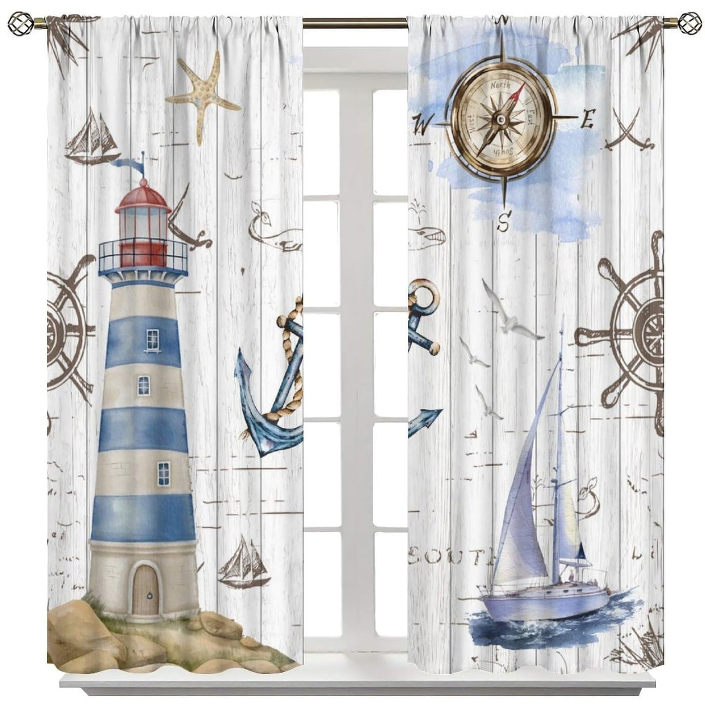 Nanacur Lighthou Nautical Map Curtains, Ocean Vintage Adventure Compass Anchor Shell Rod Pocket Window Treatment for Kids Bedroom Living Room Kitchen Drapes 41" W X 45" L (No Blackout)