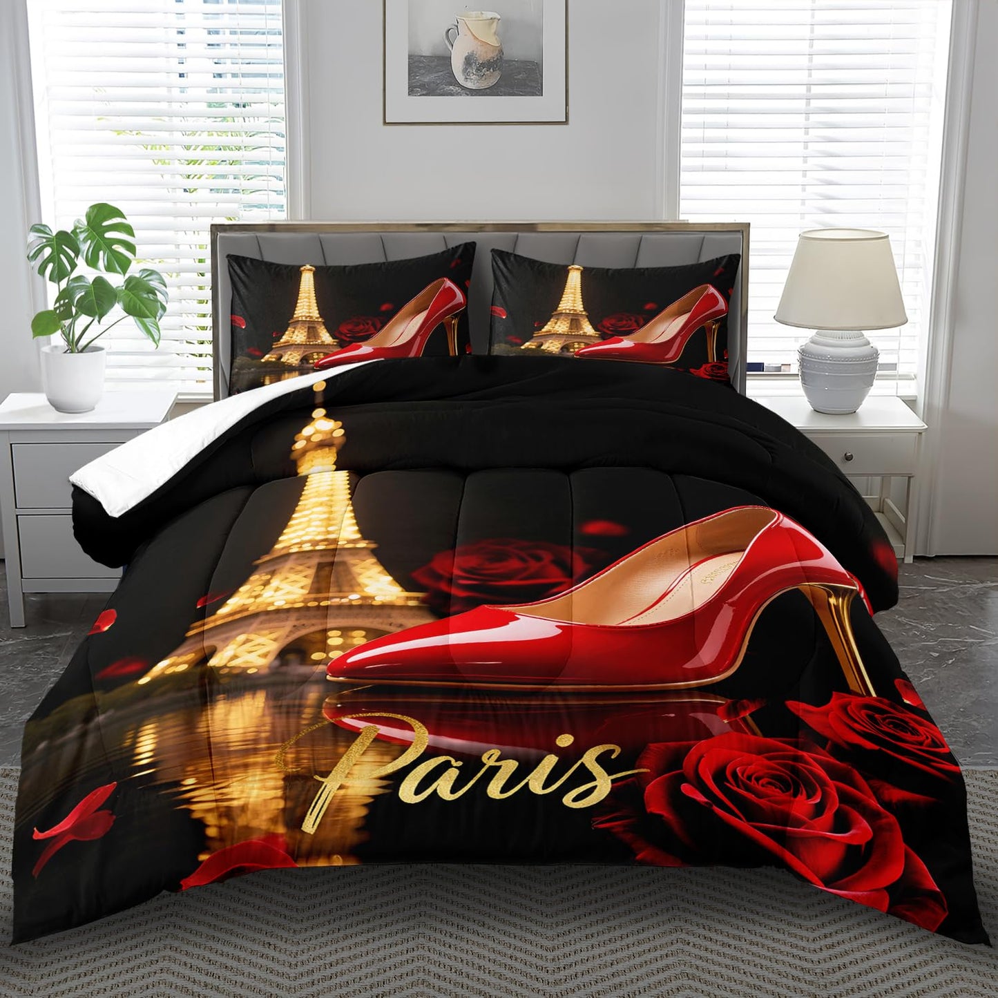 llyxsesty Paris Comforter Set Queen Women Eiffel Tower Bedding Set for Girls Red High Heels Comforter Queen Women Quilt Romantic Bedroom Decor Paris Bedding Rose Bed Decor
