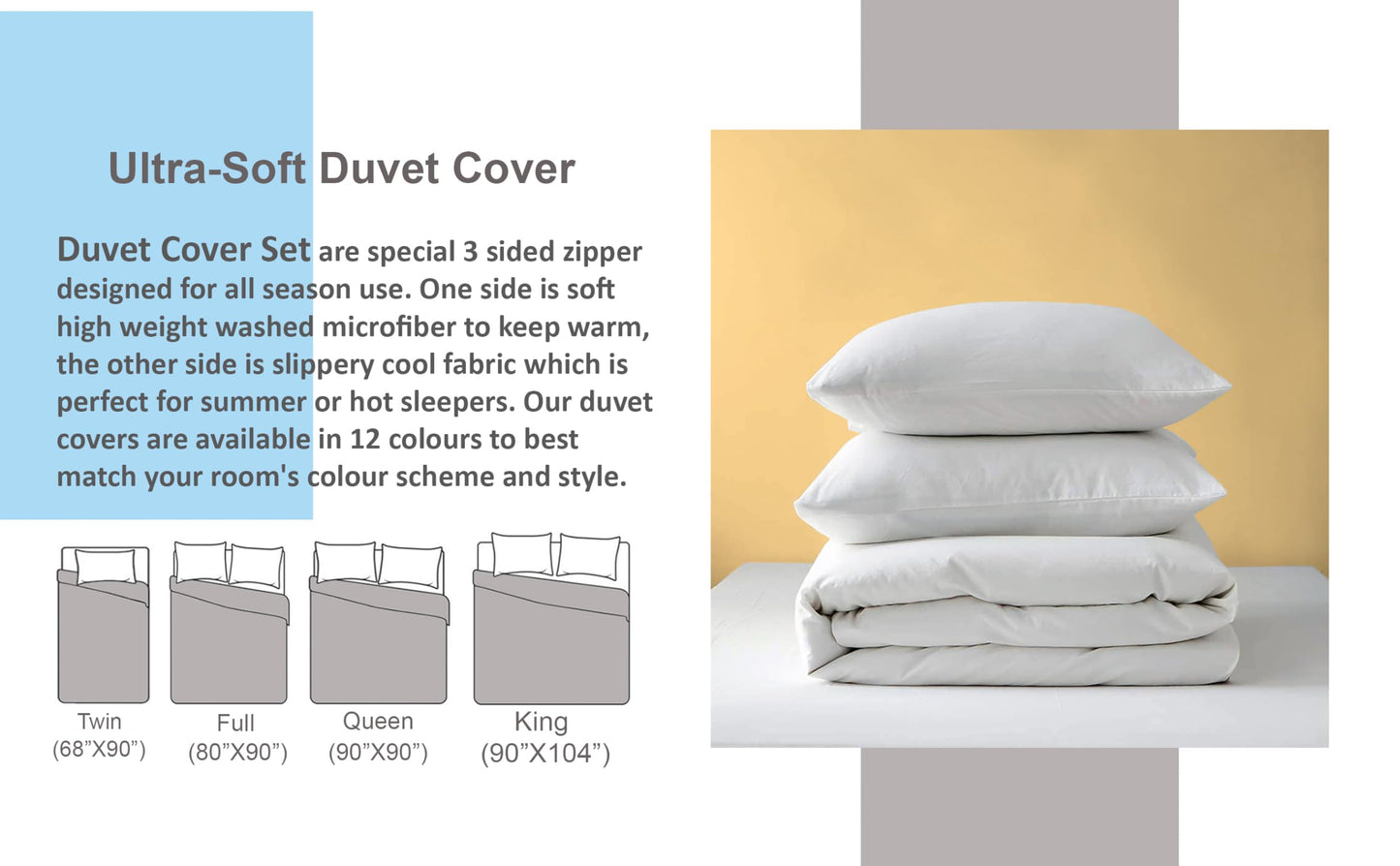 3 Side Zipper Duvet Cover Set Full Size Dark Grey - Soft Microfiber Duvet Cover Set with 3 Sided Zipper Closure, Full Size Duvet Cover (80"x90") & 2 Pillow Cases(20"x30"), NO Comforter