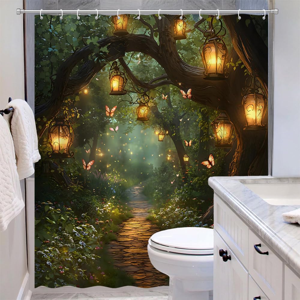 Fantasy Forest Shower Curtain Fairytale Jungle Magical Enchanted Misty Wonderland Floral Tree Butterfly Lantern Nature Landscape Bath Curtain Fabric Bathroom Accessories Decor with Hooks 70"X70"