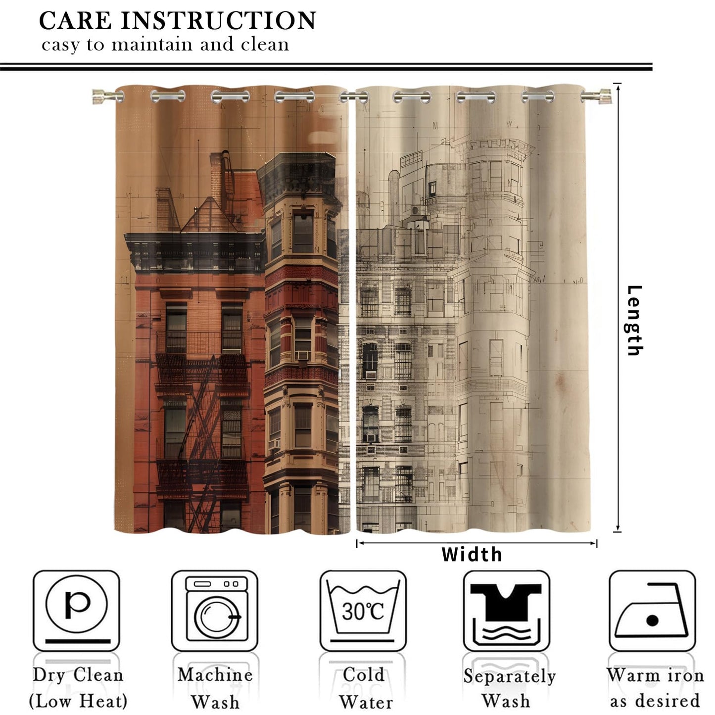 XAFIAUR Retro Architecture Curtains,City Blackout Curtains Artistic Illustration Grommet Drapes 2 Panels for Bedroom Living Room 31.5" W x 63" L x2