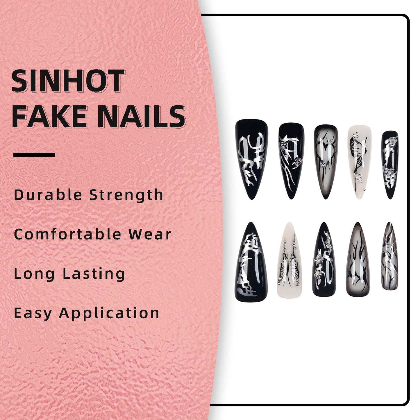 SINHOT Stiletto Press on Nails - Long Fake Nails, Glossy Finish, Black Butterfly & Gothic Style, DIY Artificial False Nail Art - 24 Pcs Nail Kit with Glue