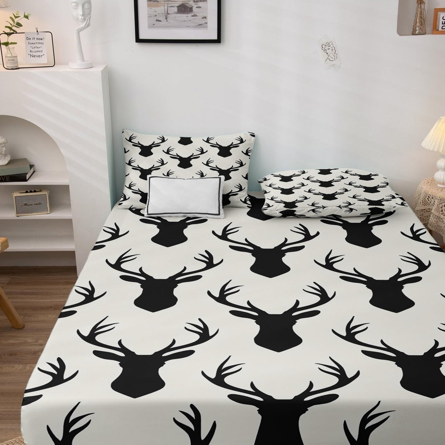 zcsm Deer Head Sheets Queen Sheet Set - Black and White Cabin Bed Sheets, Soft Microfiber & Deep Pocket & Wrinkle Free Bedding Sheets & Pillowcases, 1 Fitted Sheet, 1 Flat Sheet, 2 Pillow Cases