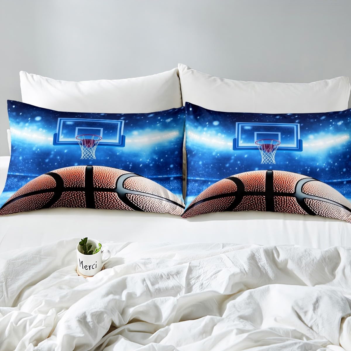 Basketball Bedding Set Sports Theme Basketball Court Print Fitted Sheet for Boys Teens Bed Sheet Set,Kids Child Bedroom Blue Print Soft Lightweight,Decorative 2 Pcs Twin Size