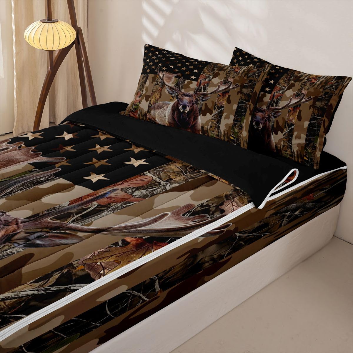 jejeloiu Moose Elk Hunting Camo Comforter Set Twin Rustic Western Deer Zipper Bedding Set for Kids Boys Girls American Flag Bed in a Bag Brown Camouflage Microfiber with 2 Pillow Cases