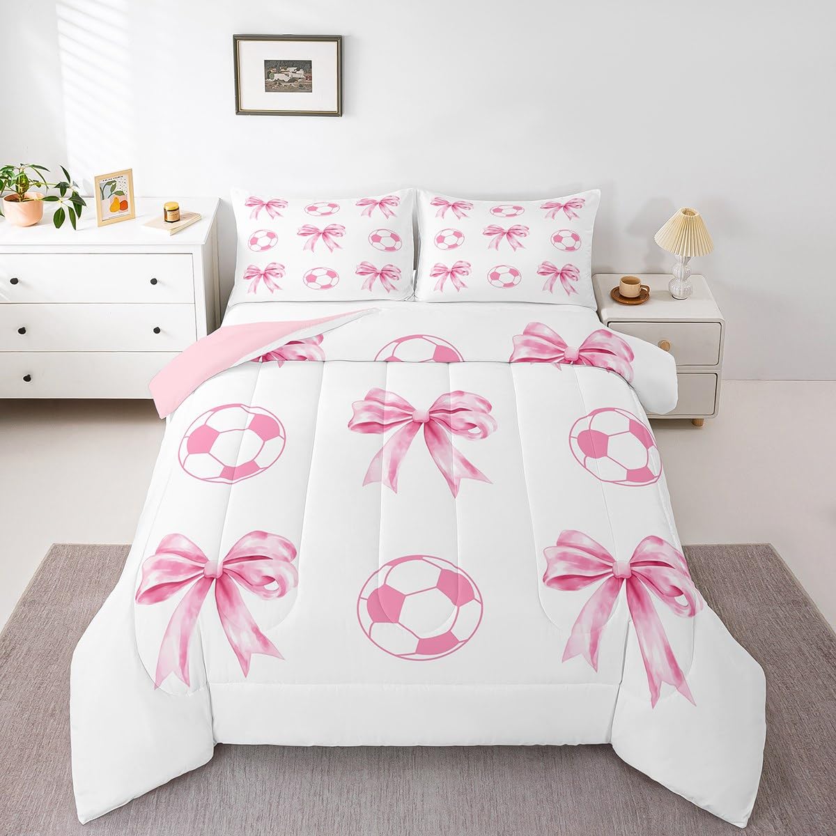 Football Sport Full Size Comforter Sets for Kids,Pink Bow Ball Pattern Bedding Sets Youth Women Teens Child Bedroom Decor,Cartoon Bowknot Soccer 3 PCS Quilt Set,Pink White Girly Duvet Insert