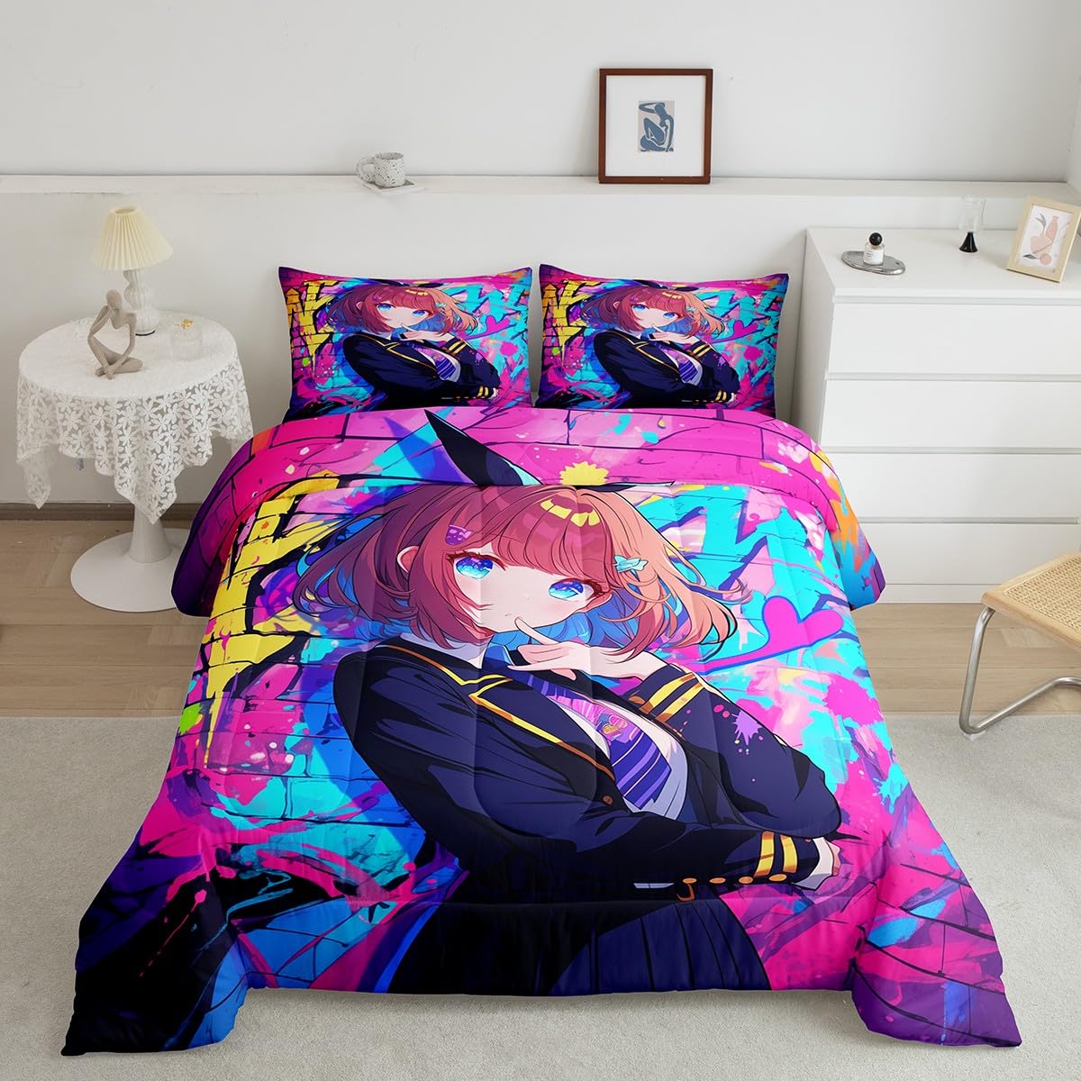 Erosebridal Girls Japanese Anime Comforter Set Full, Kawaii Anime Girl Bedding Set Cartoon Girl Duvet Insert for Kids Teens Adult, Japanese Animation Sci Fi Style Quilt with 2 Pillow Cases