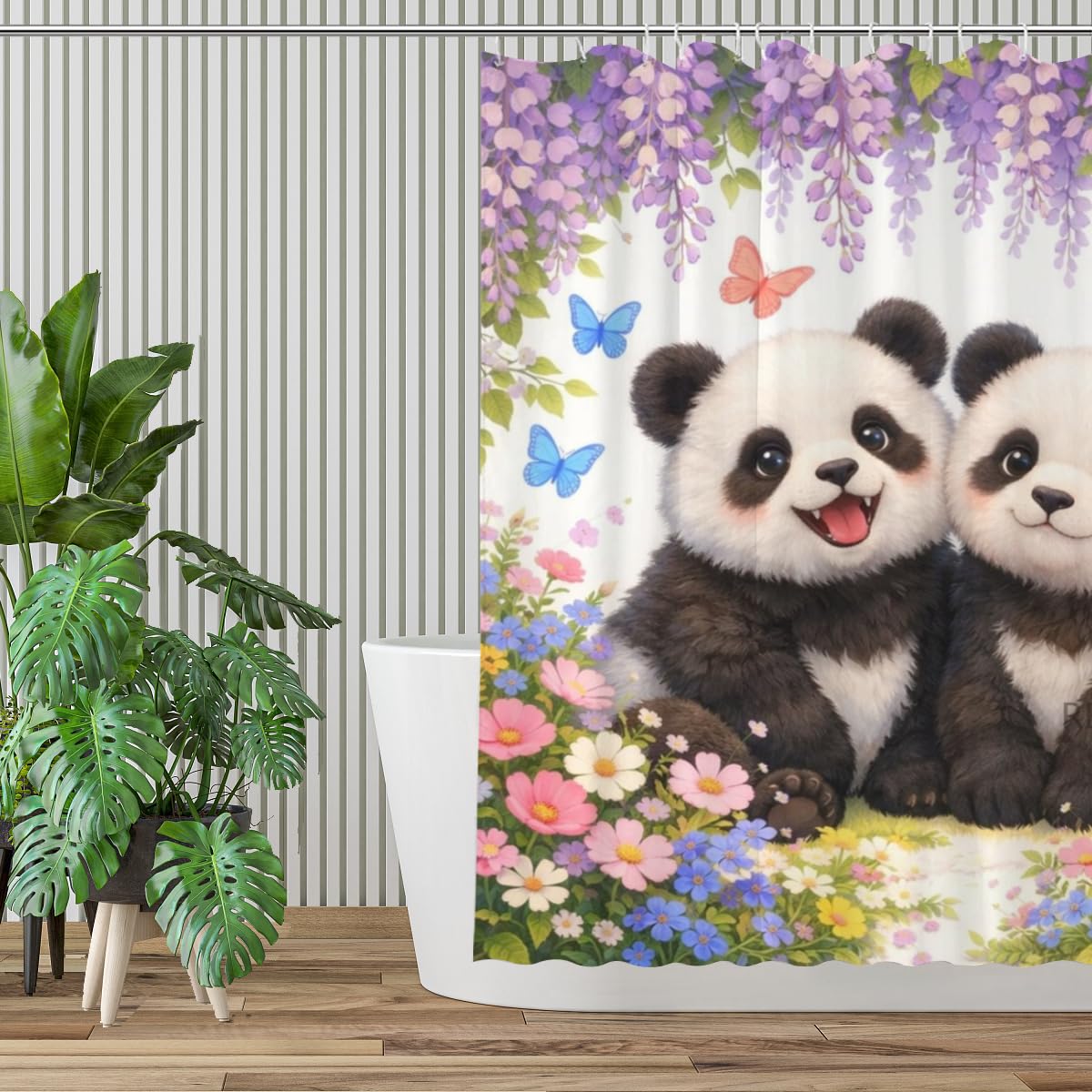 REZHOCH Fun Panda Shower Curtain 72x72Inch,Floral Home Bathroom Decor Spring Summer Garden Flowers Wisteria Rose Butterfly,Cute Animal Waterproof Fabric Bath Set with Hooks