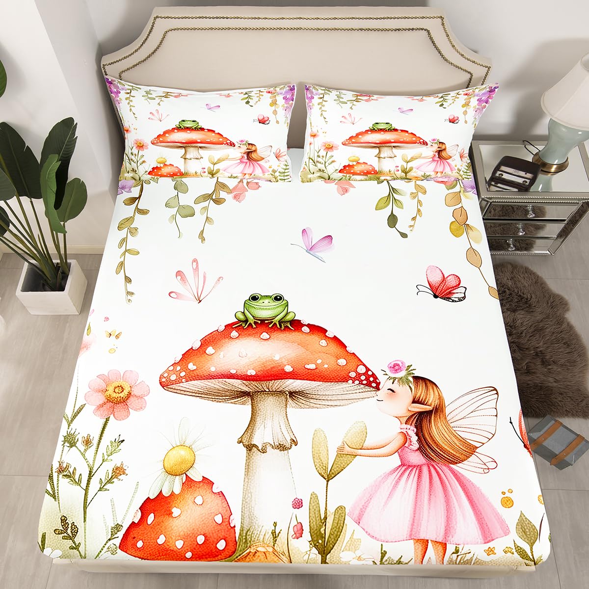 Erosebridal Fairy Garden Twin Bedding Set - Mushroom & Frog Fitted Sheet for Kids Girls, Butterfly Floral Forest Themed Bottom Sheets Only | Whimsical Fairies Bed Set 2 Piece Room Decor