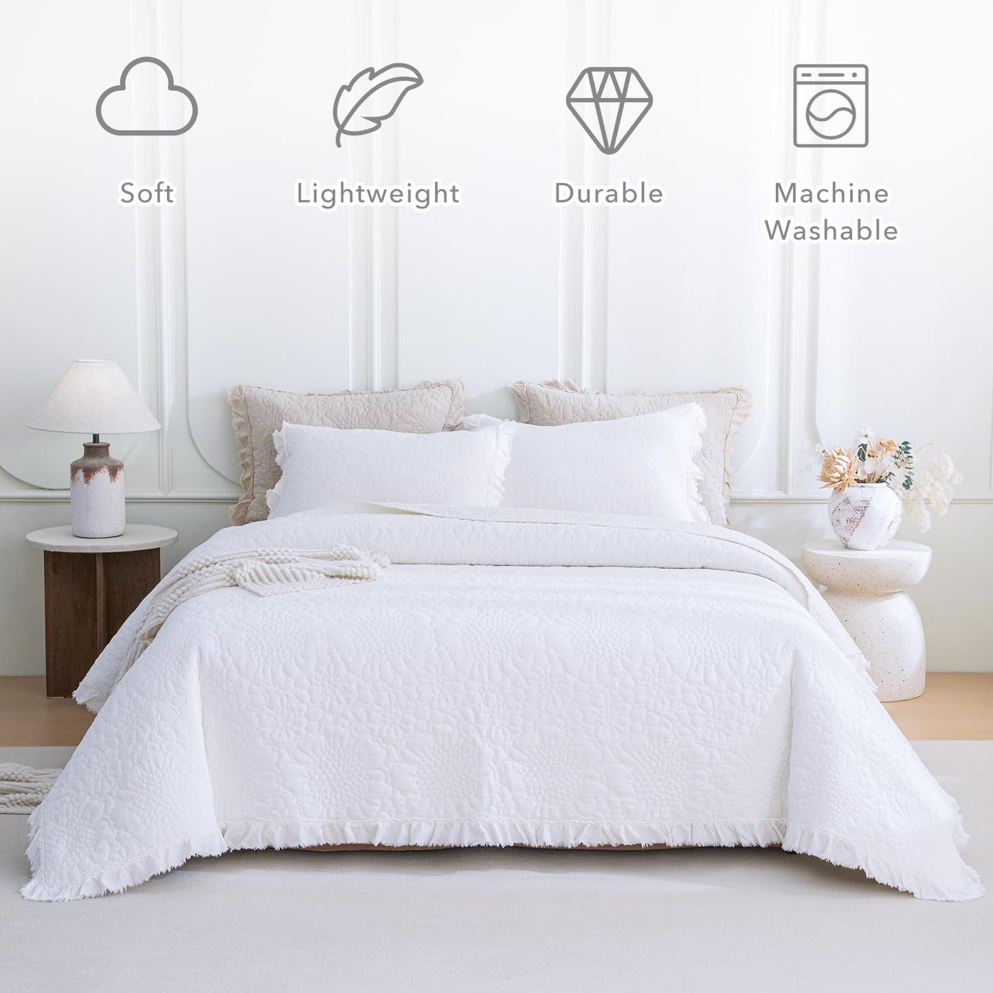 QSH Bright White Stonewashed Cotton Oversized King Quilt Bedspread Set(120"x120"),3PCs Shabby Ruffled Quilt California King,Ultra Soft Lightweight Crinkled Farmhouse Chic Bedspread Coverlet Bed Set