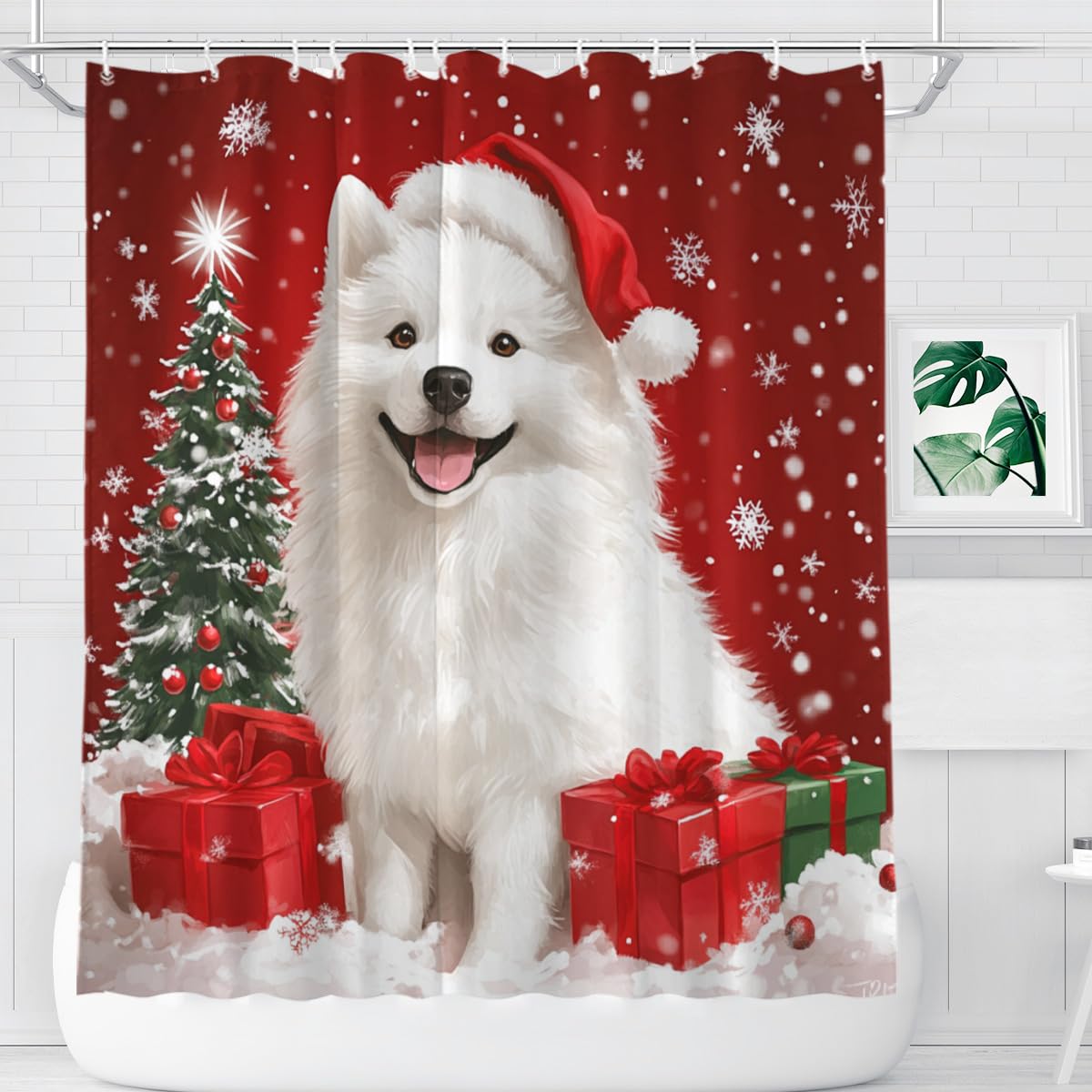 KEEPAEON Christmas Shower Curtain Samoyed Shower Curtains with 12 Hooks Waterproof Red Curtain for Bathroom,Bathtub Decor Shower Curtain Set 72x72 Inch