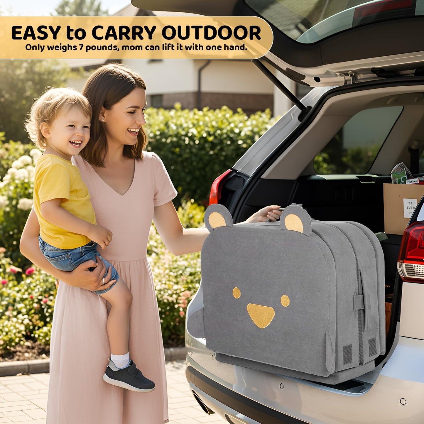 MAMIZO Toddler Travel Bed, Portable Toddler Bed with High Density Foam for Baby and Kids, Washable Cover Travel Crib with Safety Rail for Home, Hotel, Family Visits and Camping, DreamyBear