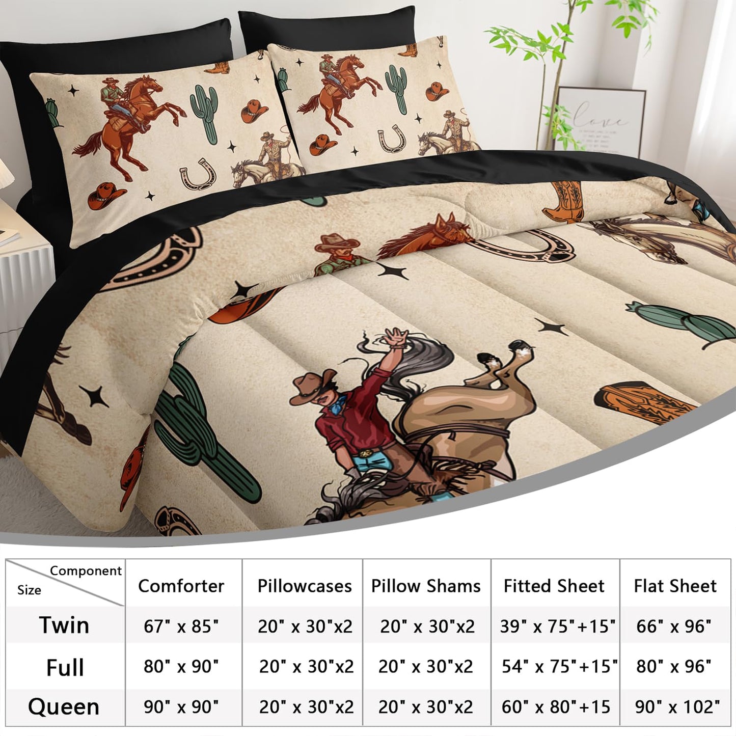 AILONEN 7-Piece Western Cowboy Comforter Sets Full Size,Rodeo Cowboy Riding Bull with Cacti Bedding Set for Kids,Ranch Jomon Comforter & Fitted Sheet with Flat Sheet & 2 Pillowcases,2 Pillow Shams