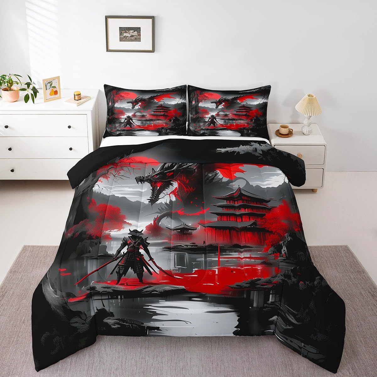 Erosebridal Japanese Style Twin Down Comforter Dragon Comforter Set Magical Animals Bedding Set Western Wildlife Theme Quilt for Boys Kids Teens Adult Bedroom, with 1 Pillow Cases