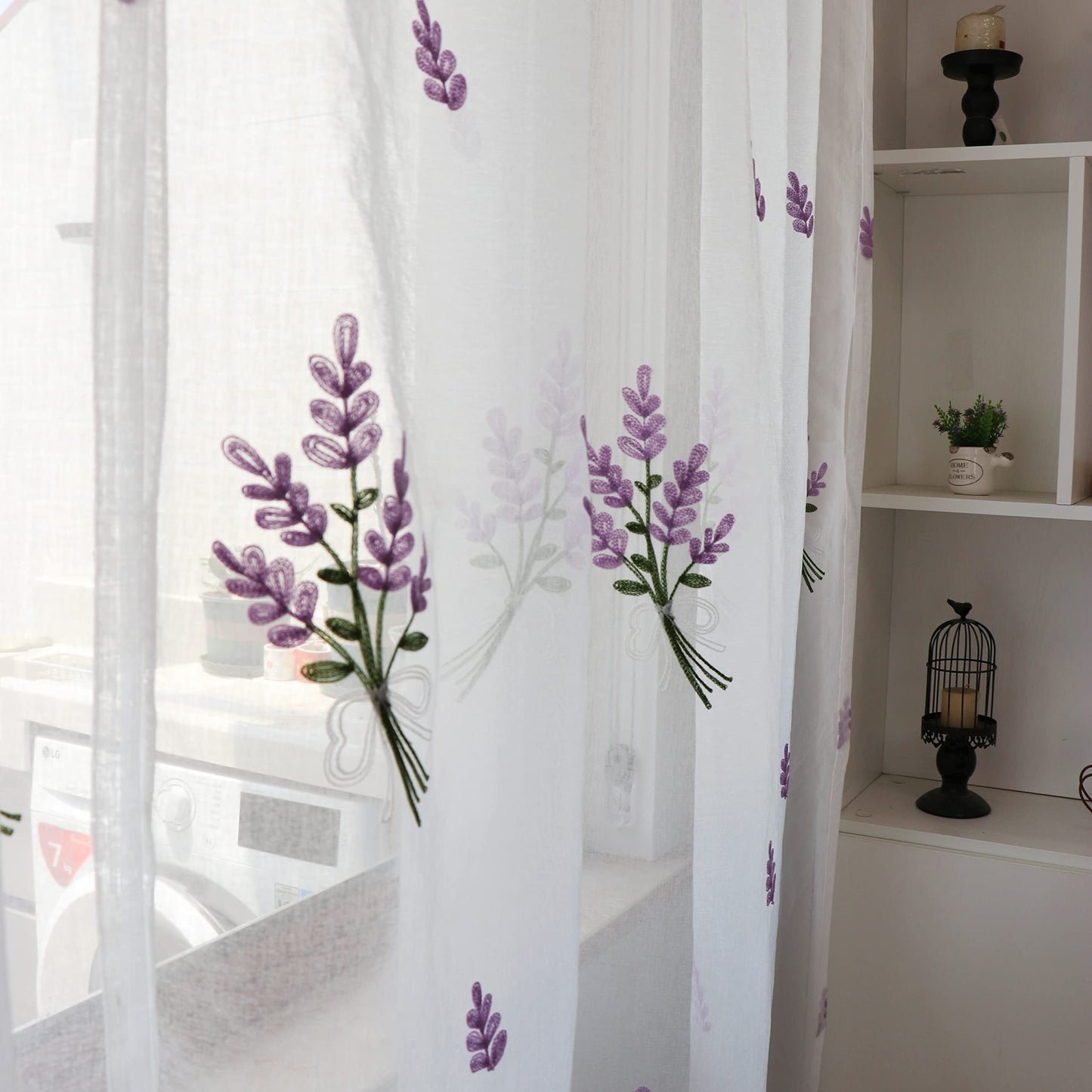 SLOW SOUL Set of 2 Panels Lavender Purple Flower Sheer Curtains Faux Linen Semi Sheer Window Curtains Drapes for Bedroom Living Room Rod Pocket 56W X 72L inch