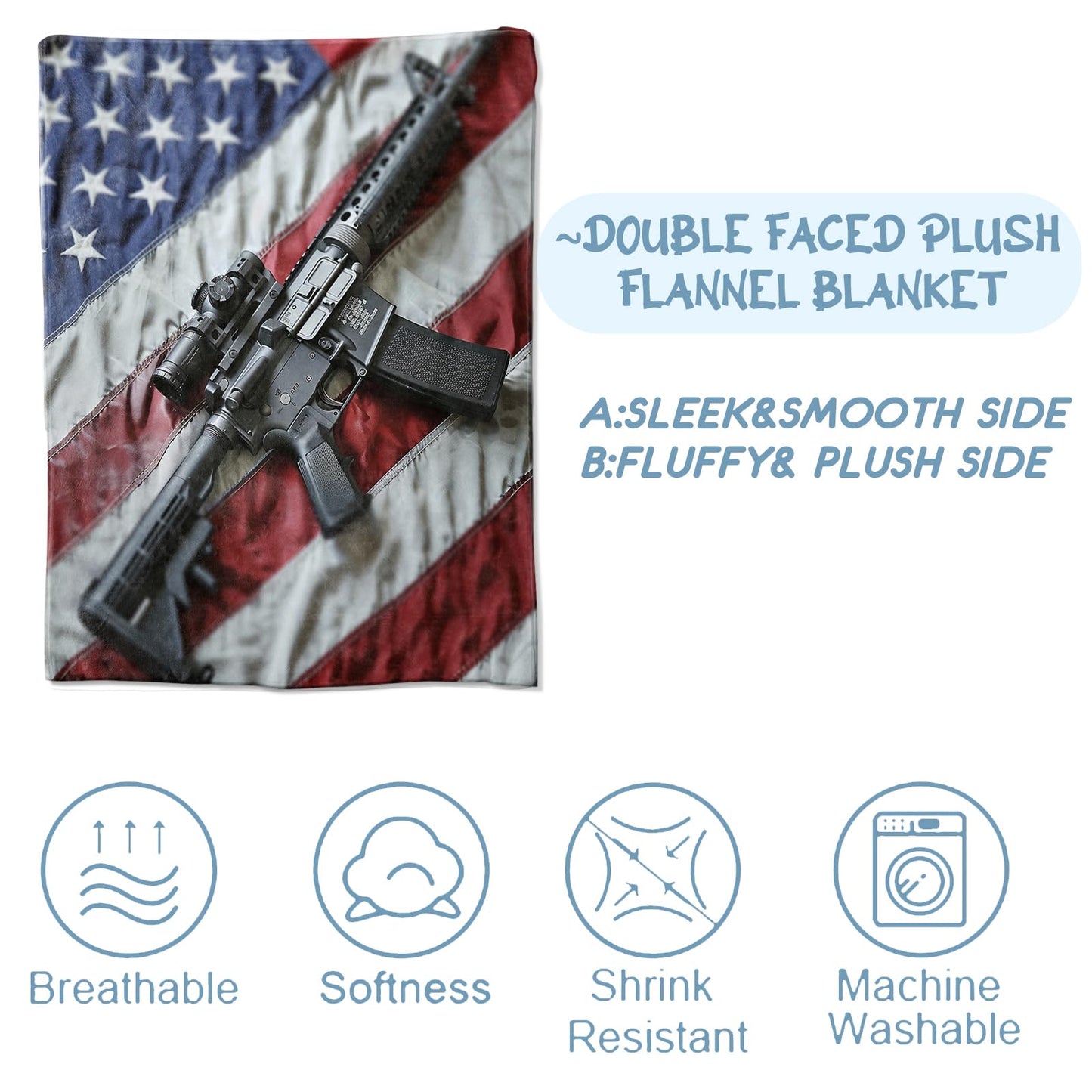 Zeleda Patriotic Blanket for Couch,Bed,Sofa,Soft Cozy Throw for All Season Gun and American Flag Blankets Home Decor Gifts,Flannel Plush Lightweight Comfort Throws for Adults 50×60inch