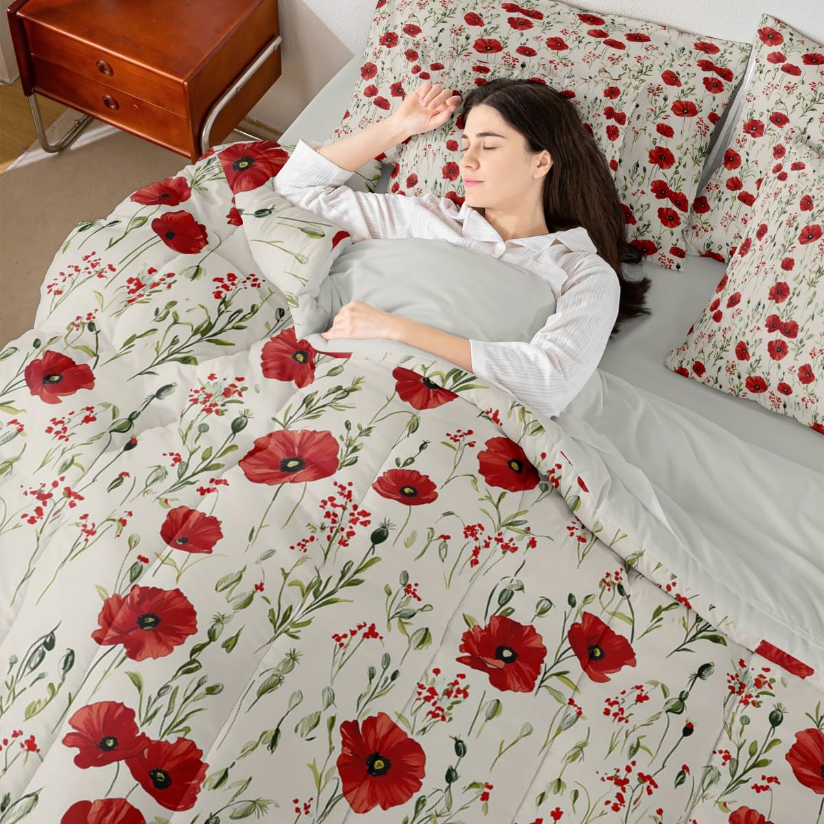 Retro Floral Boho Bed Set Twin Size 70S Hippie Flowers Bohemian 7 Pieces Bedding Set for Kids Boys Girls Psychedelic Floral Bed in a Bag with Comforter, Sheets, Pillowcases Breathable Bedroom