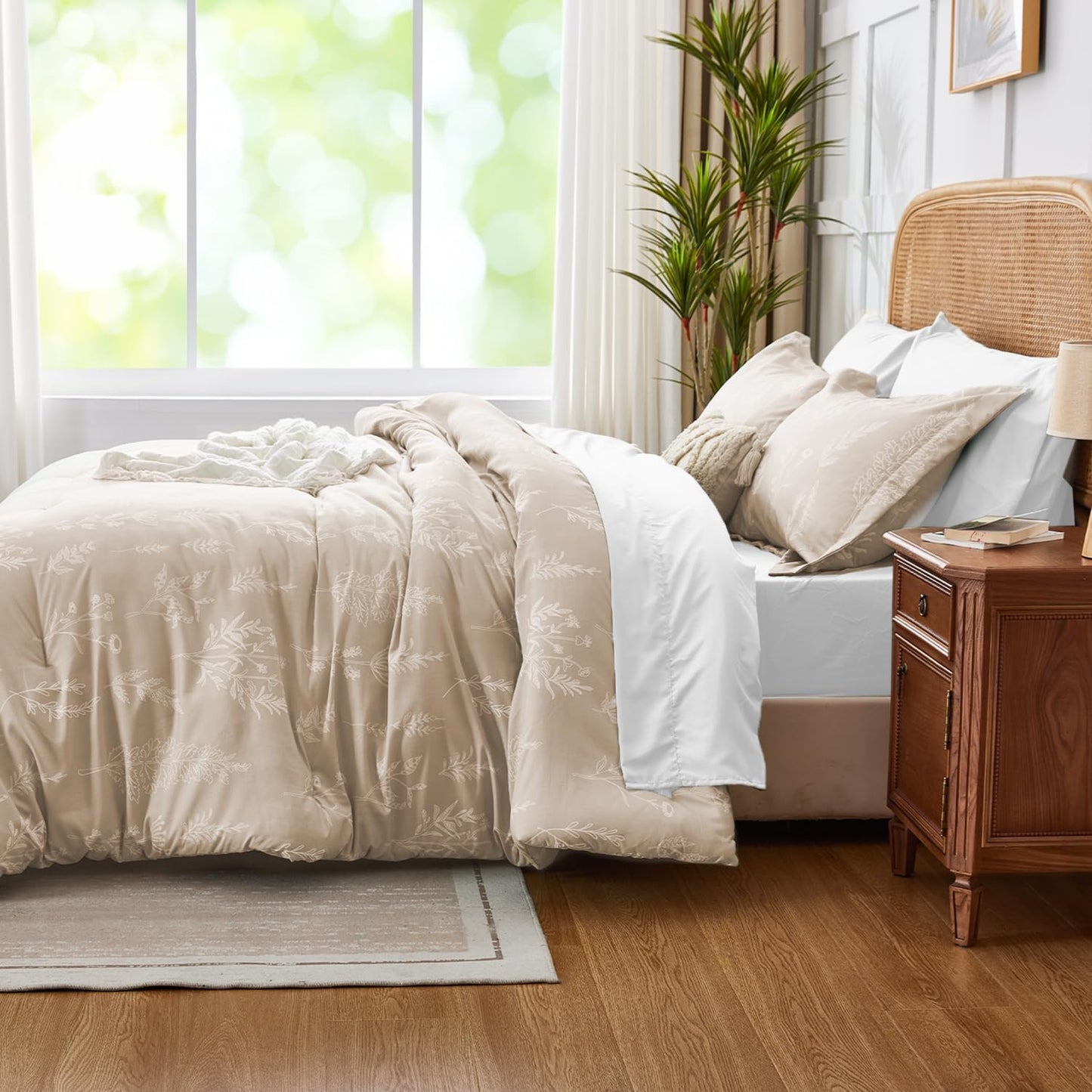 Kozyhvn Twin XL Comforter Set Khaki, Cute Floral Bed in a Bag Twin XL Boho 5 Pieces, Soft Fluffy Bedding Sets with Comforter, Sheets, Pillowcase & Sham, All Season