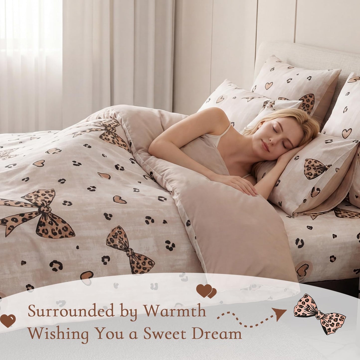 Wajade 7 Piece Cheetah Bow Comforter Set for Girls Kids Queen Size Bedding Set with Sheet and 2 Pillowcases 2 Pillow Shams Cute Girls Bed in a Bag as Birthday Choice