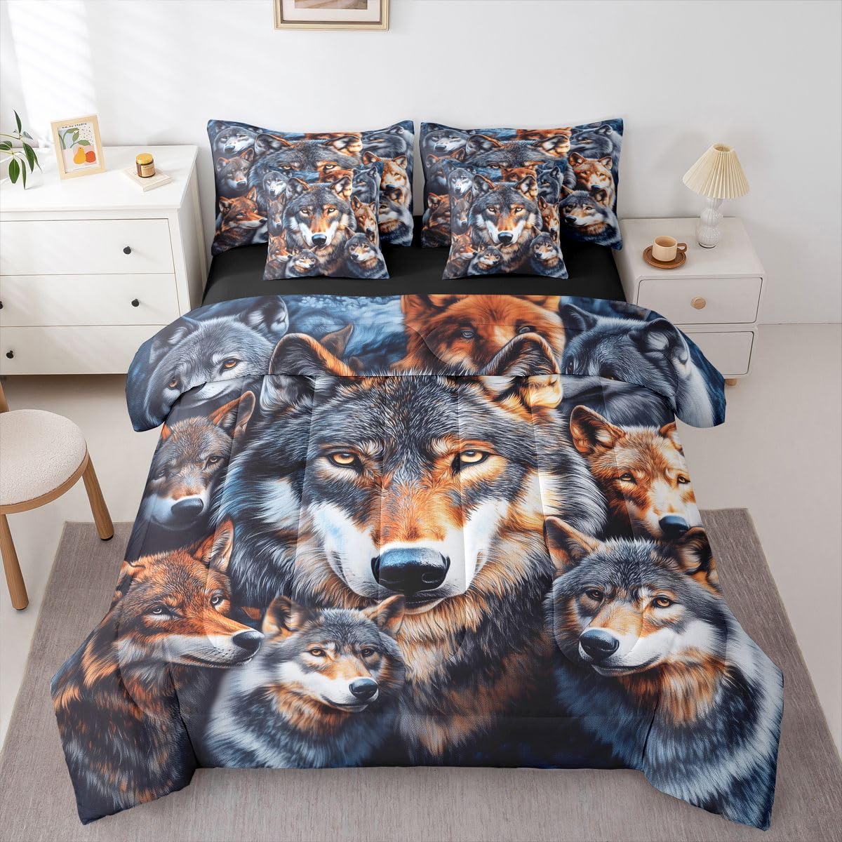 Feelyou Wolf Queen Comforter Set with Sheets for Kids Boys Girls Wolves Howling 7 Pieces Bedding Set Western Farmhouse Bed in a Bag Wild Animal Room Decor Soft Microfiber