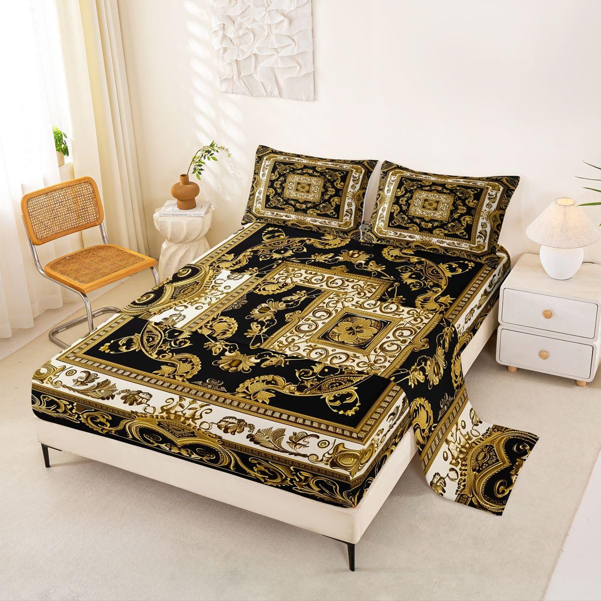 Erosebridal Boho Chic Floral Bed Sheets Set Full Hippie Paisley Sheet Set Vintage Boho Sheets Golden Black Flat Fitted Sheet