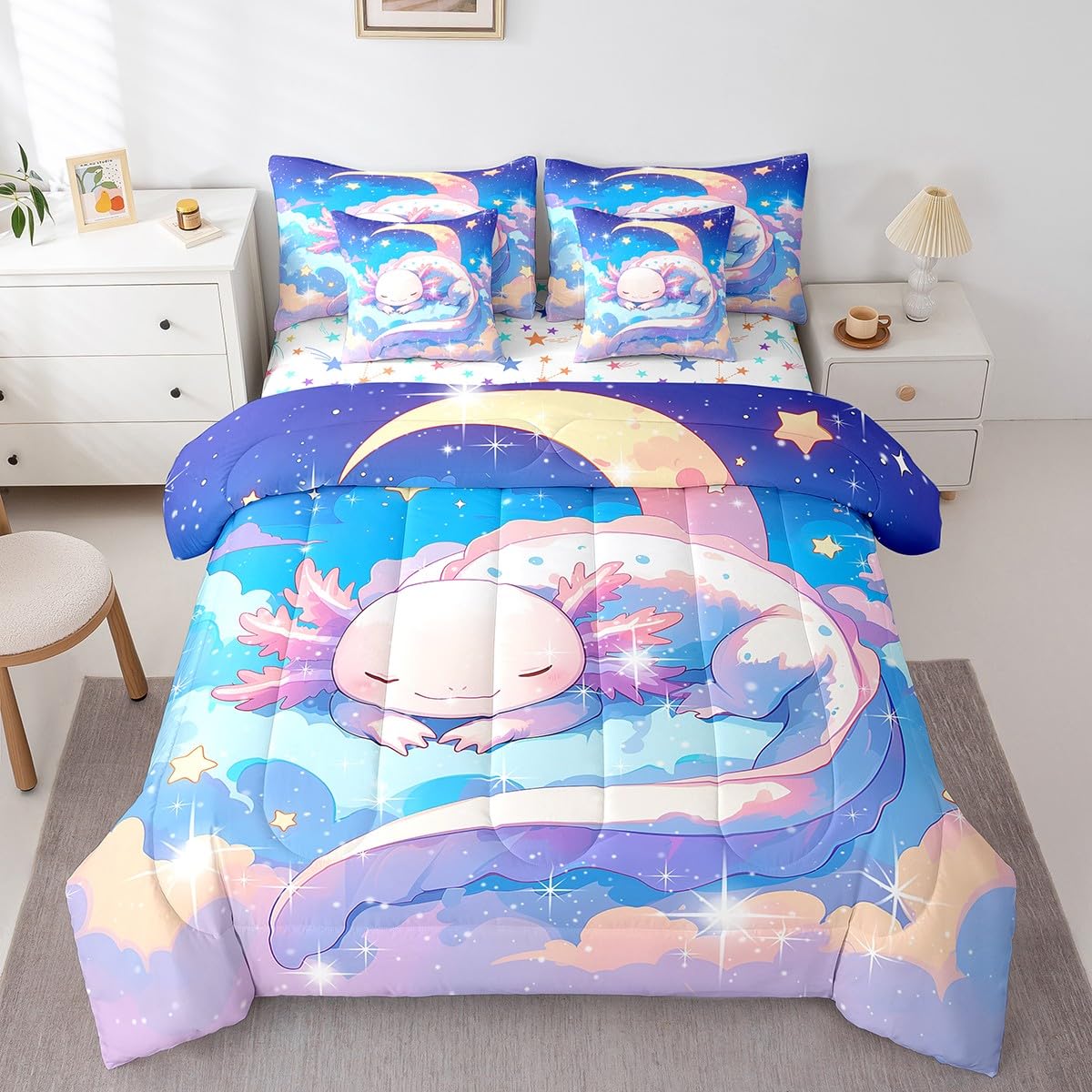 Feelyou Kids Cute Axolotl Bed in A Bag Twin Size, Galaxy 7 Pieces Bedding Set Boys Girls Cartoon Salamander Comforter Set with Sheets Kawaii Animal Teens Bed Set Bedroom Decor 7Pcs