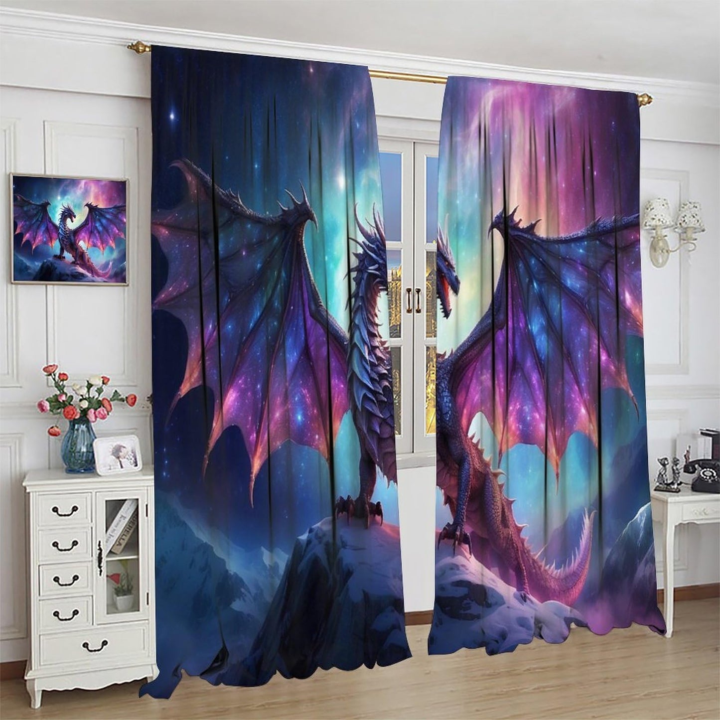 Fantasy Dragon Curtains for Bedroom,Mystic Magic Star Epic Adventure Fantasy Wings Fire-Breathing Dragon Animals Dragon Window Drapes Print for Kids Boys Girls Living Room 42x45in (No Blackout)