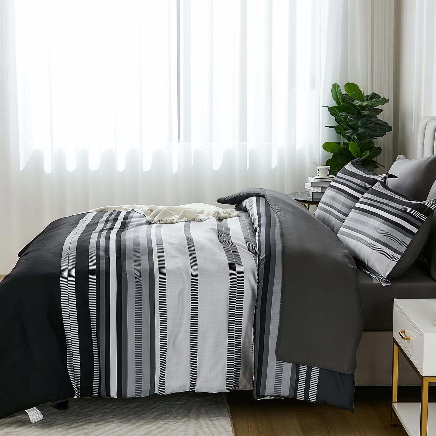 Dobuyly Black Comforters Queen Size Set 7 Pieces, Boho Striped Grey Bed in a Bag Queen Soft Microfiber Bedding Set with Comforter, Sheets, Pillowcases & Shams All Season