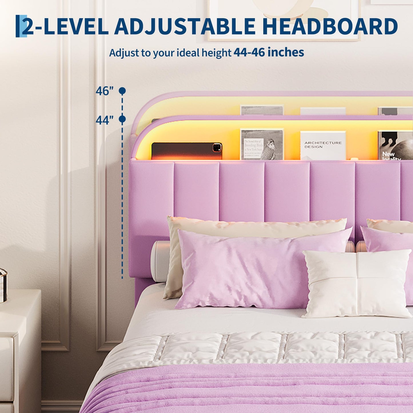 Garvee Full Size Bed Frame with 2 Flexible Drawers, Upholstered Platform Bed Frame with Bookcase Headboard and LED Lights, Kids Bed for Girls, Easy Assembly, Noise Free, Purple
