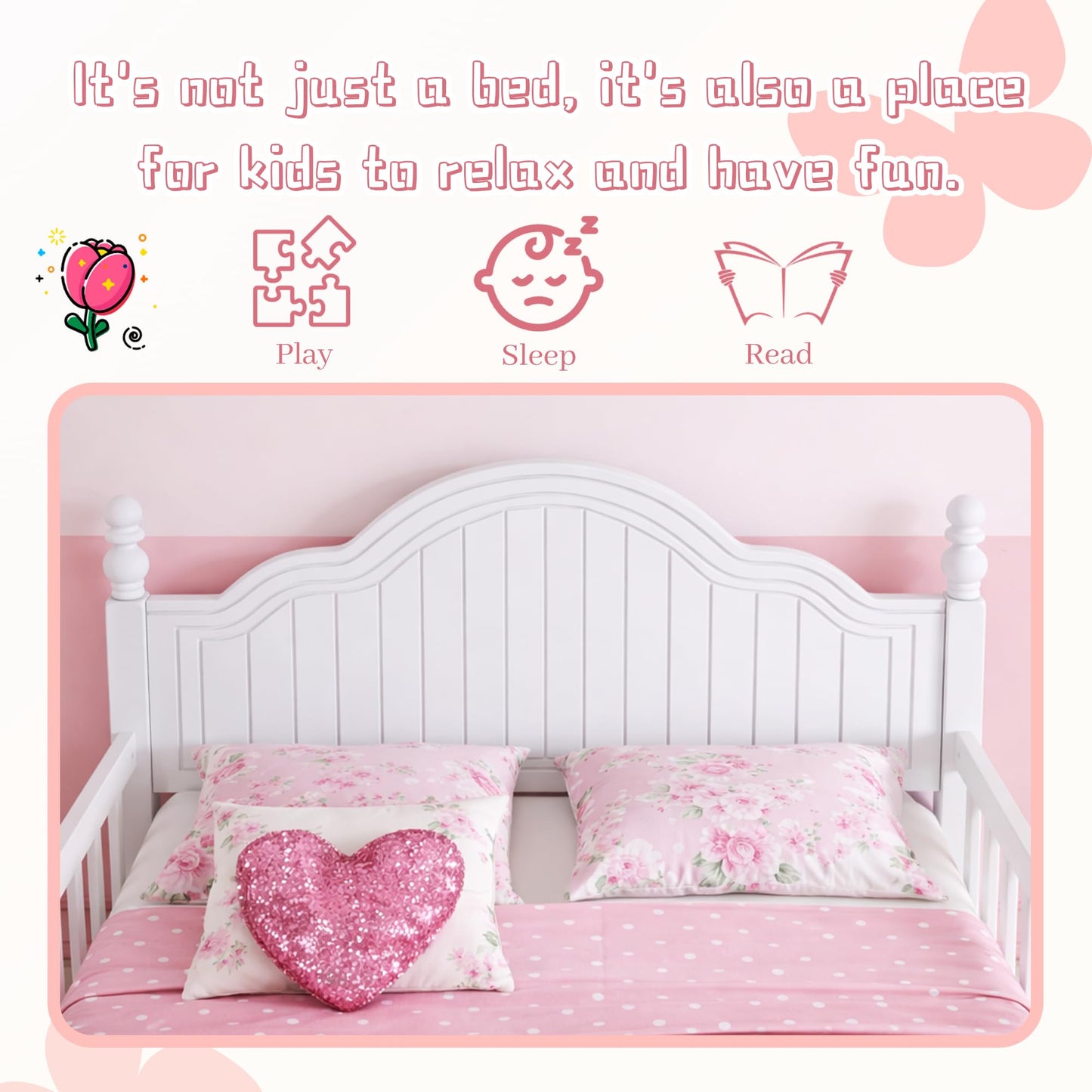 OYUMOENTS Twin Bed with Rails, Low Profile Twin Bed Frame with Rails & Headboard, Wood Kids Platform Beds with Footboard for Boys & Gilrs, No Spring Box Required, No Squeaks, White