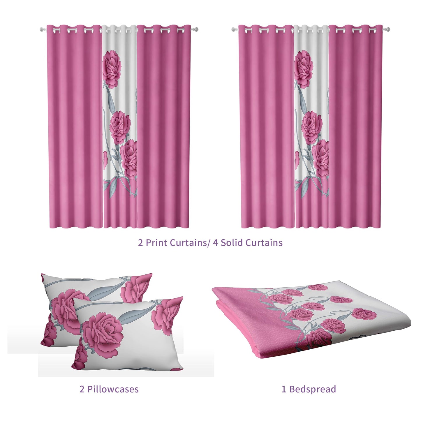 Deepsleep King Bedspread Set 9 Pieces, All Season Luxury Bed in a Bag for Bedroom, with 2 Pillowcases and 6 Curtains, Ultra-Soft Microfiber for Complete Bedroom Decor, Pink Rose