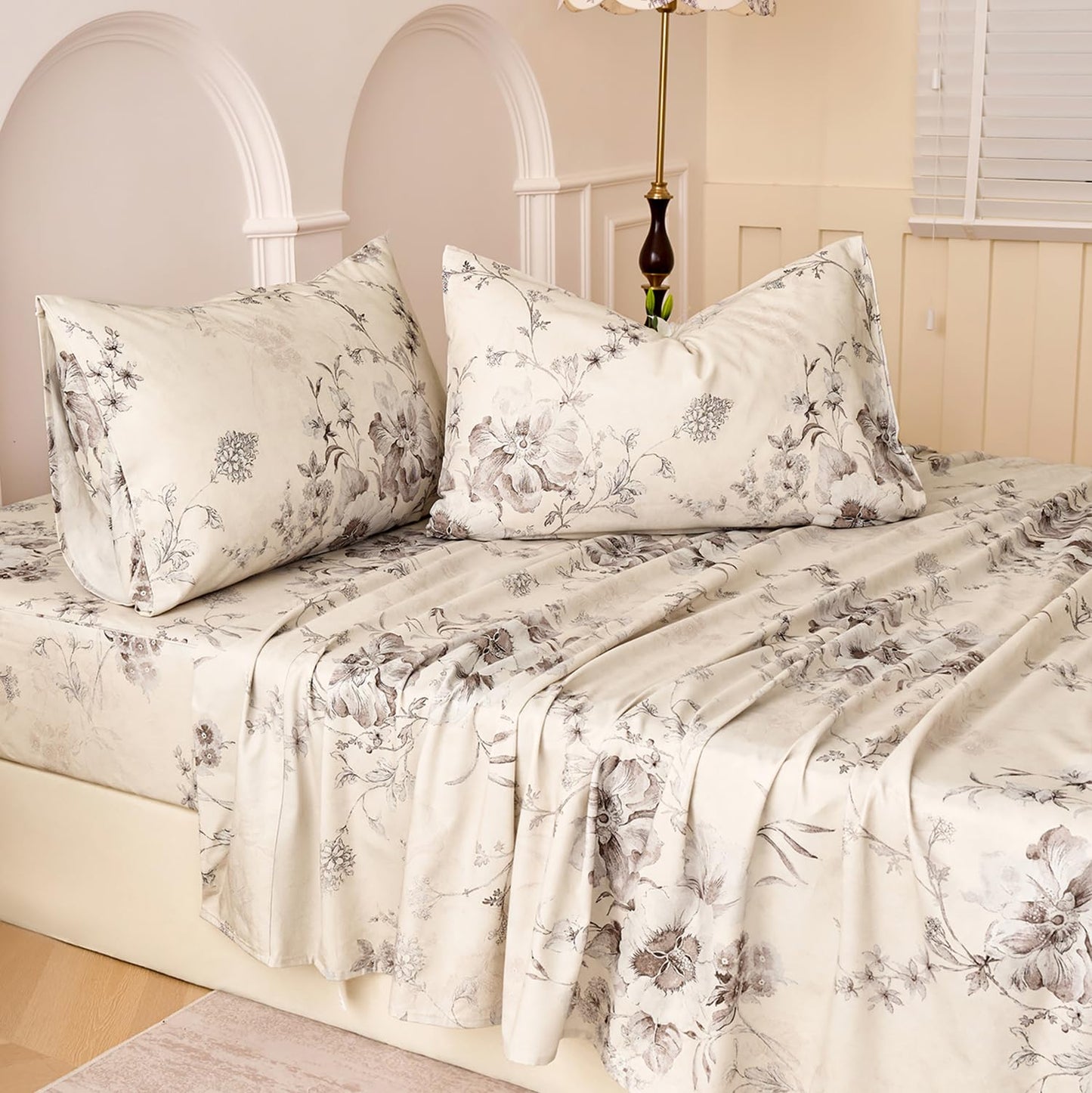 Huborise Beige King Size Sheet Set 100% Cotton Flannel-Like Warm Luxury Peony Toile Floral Bed Sheets 4Pc Deep Pocket 17.5", Double Brushed Extra Soft Breathable, Fall/Winter French Country Bedding
