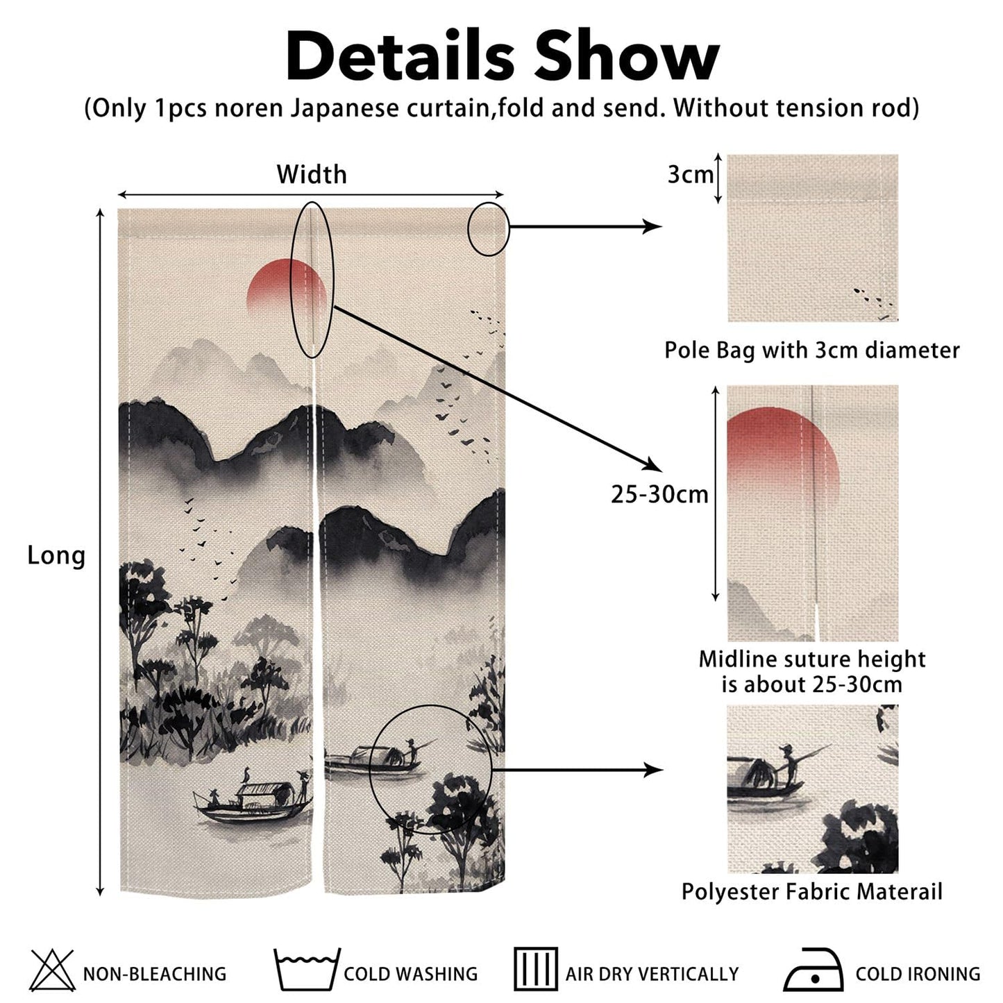 Leowefowa Chinese Ink Painting Doorway Curtain Mountain Boat Door Trapestry Feng Shui Window Treatment Hanging Japanese Noren Bedroom Divider Kitchen Door Asian Home Decor, 33.5"x 70.9"