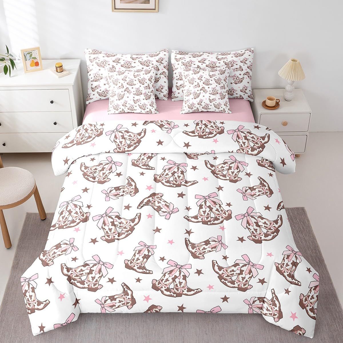 Manfei Cowgirl 7 Pieces Bedding Set Queen,Western Tribal Boots Pink Princess Bowknot White Bed in a Bag for Teens,Rustic Brown Cowhide Starry Comforter Set with Sheets,Pillow Covers