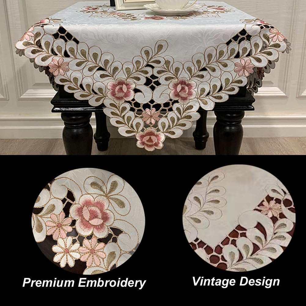 MULBESS Round Table Cloth Flower Embroidered Lace Tablecloth Wrinkle Free & Stain Resistant Fabric Tablecloths Table Cover for Kitchen Dinner (Round 60 inch)