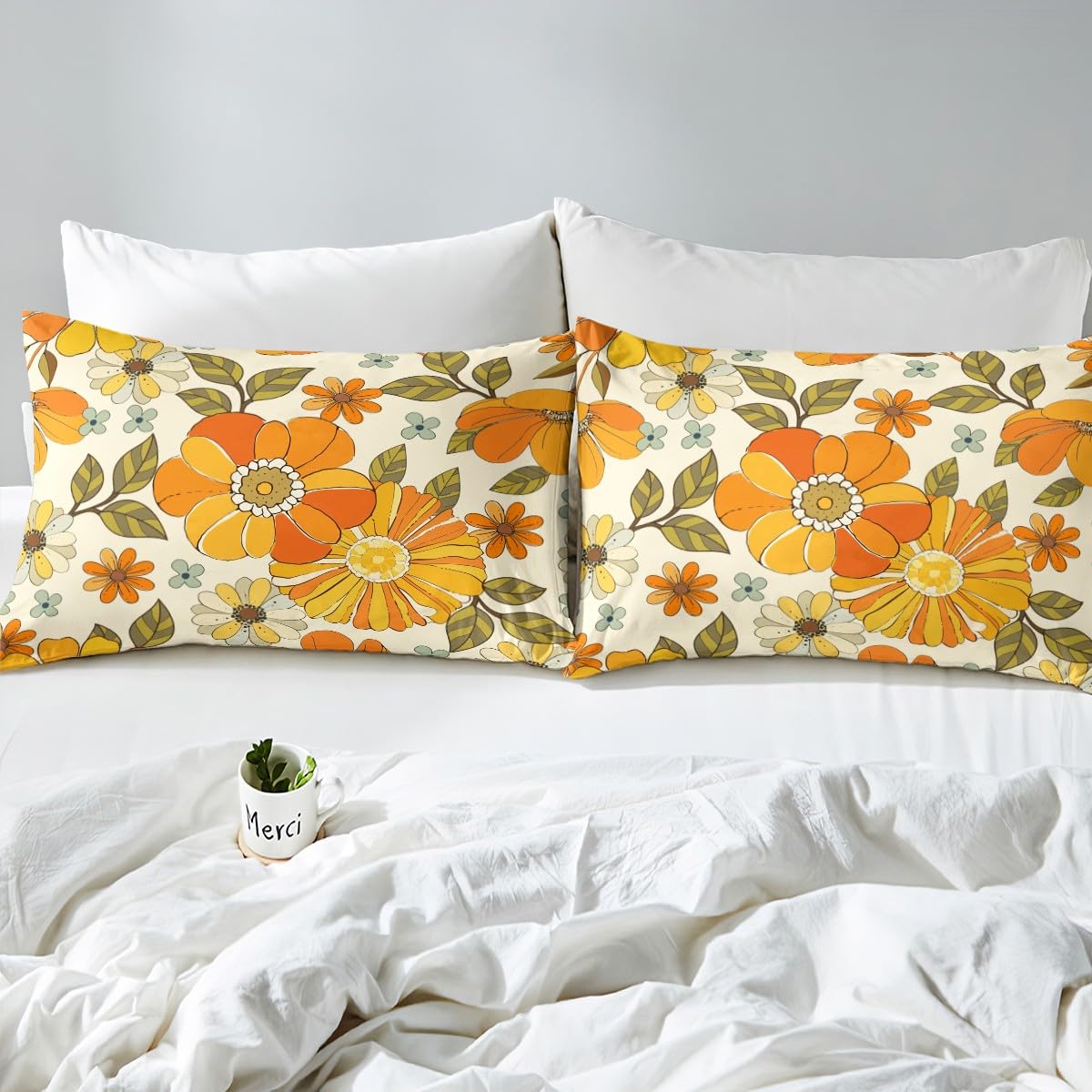Castle Fairy Retro Flowers Full Fitted Sheet 4pcs,Watercolor Yellow Floral Green Leaves Plant Bed Sheet Set for Girls Teens Bedroom,70s Trippy Daisy Polyester Bedding Set with 1 Flat + 2 Pillowcases