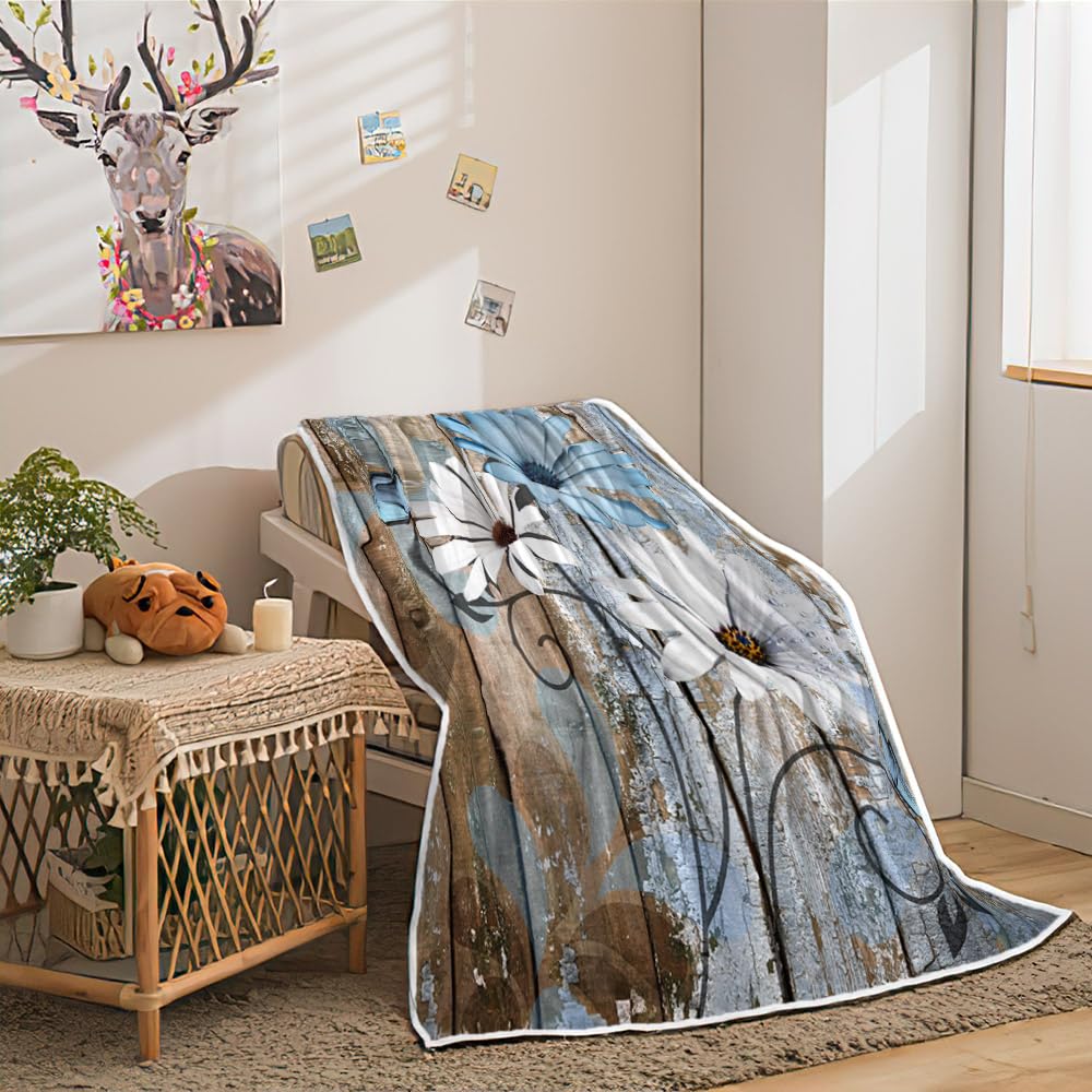 JAWO Farmhouse Flower Floral Throw Blanket, Rustic Blue Daisy Fleece Cozy Warm Bed Couch Blanket, Country Blue Brown Fleece Flannel Throws to Decorate the Room and Bedroom Warm Blanket 50X60IN