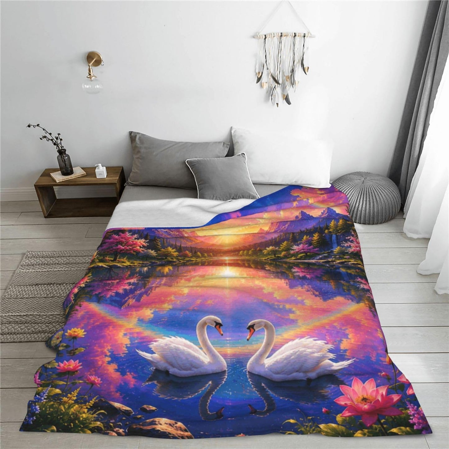 TZJCCMAY Couple Swan Blanket for Kids Women Adults, Fantasy Sunset Lake Throw Blankets, Soft Lightweight Fleece for Bed Sofa Home Living Room Decor, Birthday Gifts, 50x60in
