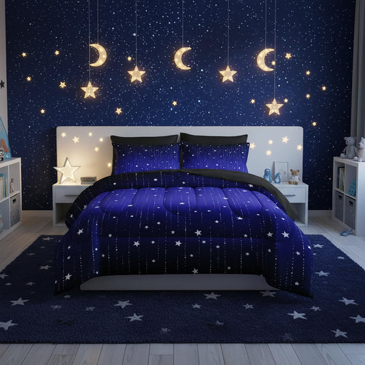 QOOMO Blue Galaxy 7 Pieces Comforter Set Queen Size,Starry Sky Bedding Set for Kids Teens Boys-Include 1 Comforter,1 Fitted Sheet,1 Flat Sheet,2 Printing Pillowcases and 2 Black Pillowcases