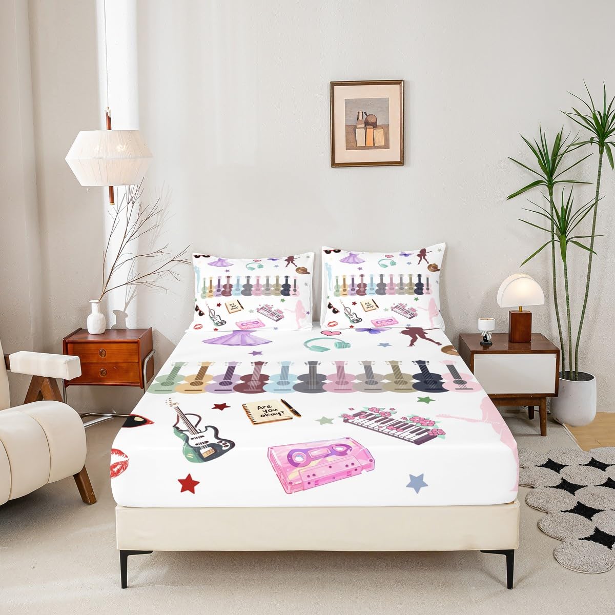 Erosebridal Music Lovers Bed Sheets Set King Music Theme Sheet Set Singer Fans White Sheets Fashion Birthday Valentines Day Gift Flat Fitted Sheet