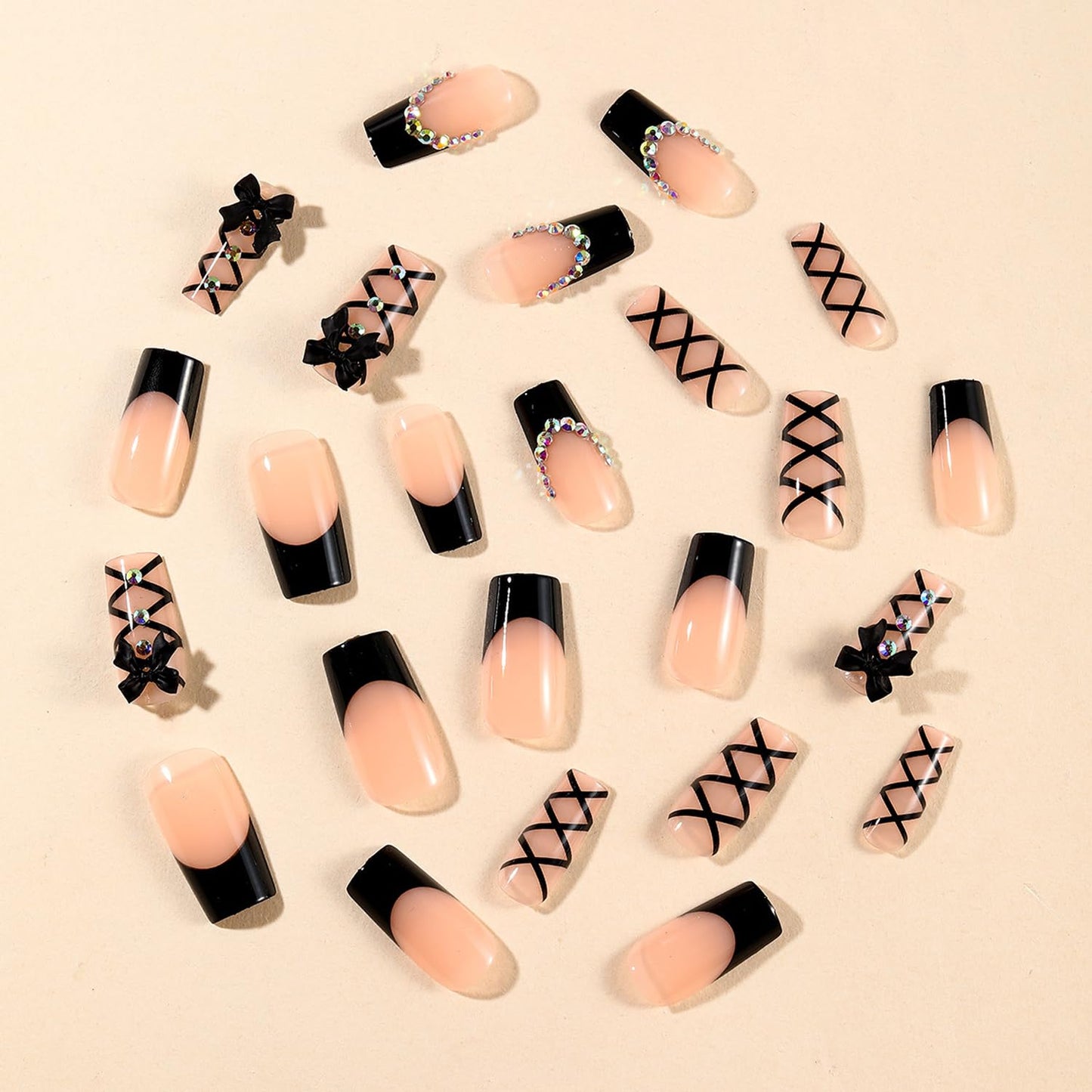 Black French Tip Press on Nails Medium Long Rhinestone Bow Diamond French Nails Square Bling Glossy 3D Bow False Nail Tips Artificial Nails Finger Manicure for Women and Girls 24pcs