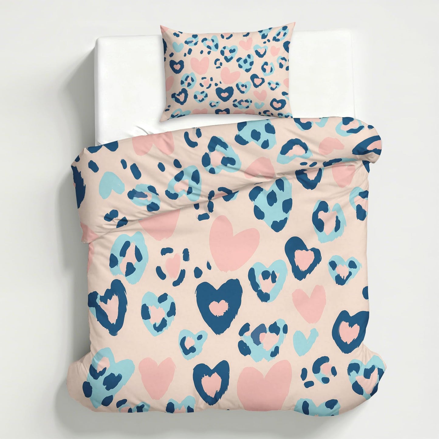Blue Pink Cheetah Print Duvet Cover Queen, Heart Leopard Print Bedding Set 3 Piece & 2 Pillowcases, Animal Print Bedroom Decor, Reversible Soft Microfiber, Zipper Ties