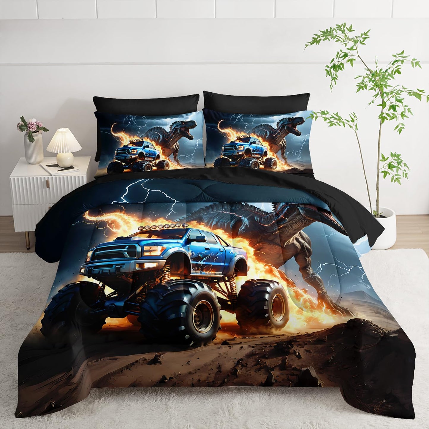 AILONEN Boys Dinosaur Comforter Set Full,7Pcs Cartoon Monster Truck Bed in a Bag for Kids,Soft Breathable,3D Printed Comforter & Fitted Sheet with Flat Sheet & 2 Pillowcases,2 Pillow Shams,Black