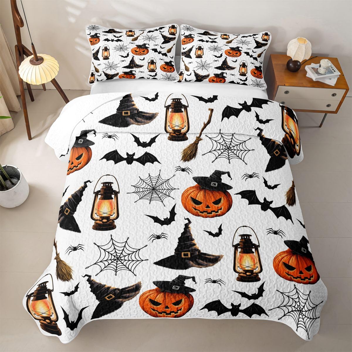 Feelyou Pumpkin Lantern Quilt Set Bat Spider Quilted Bedspread Lightweight Coverlet Set Queen Horror Gothic Bedding Set with Pillowcases for All Season Microfiber Bed Decor