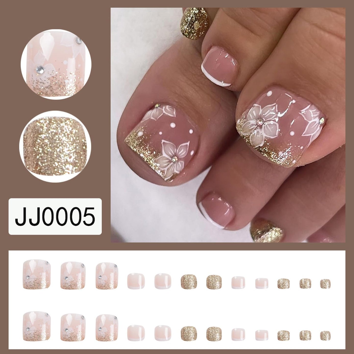 24Pcs Flower Press On Toe Nails for Women French Tip With Gold Glitter Rhinestones Designs Glossy Fashion False Full Cover Acrylic Nails Art DIY Foot Design Tips