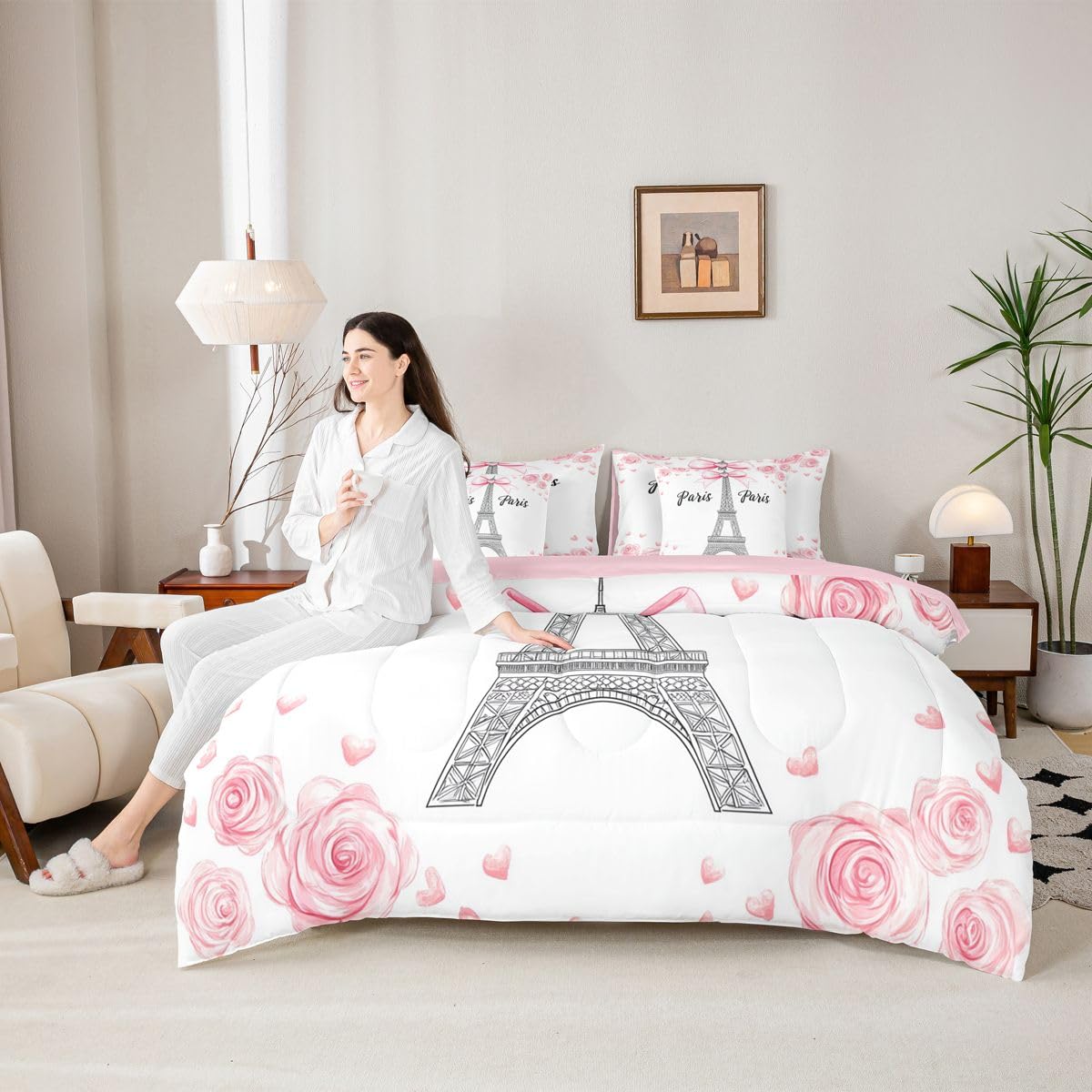 Erosebridal Eiffel Tower 7 Pcs Bedding Set Twin Kawaii Pink Bowknot Comforter Set with Sheets Rose Bed in A Bag Romantic Ribbon Bow Kids Girls Bedroom Decor