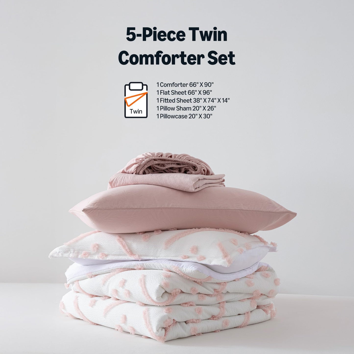 Amazon Basics Kids' Pink Bedding Set, 5-Piece Jacquard Bed-in-a-Bag with Comforter, Fitted Sheet, Flat Sheet, Pillowcase, Pillow Sham, Deep Pocket 16", All-Season, Pink Tufted, Twin