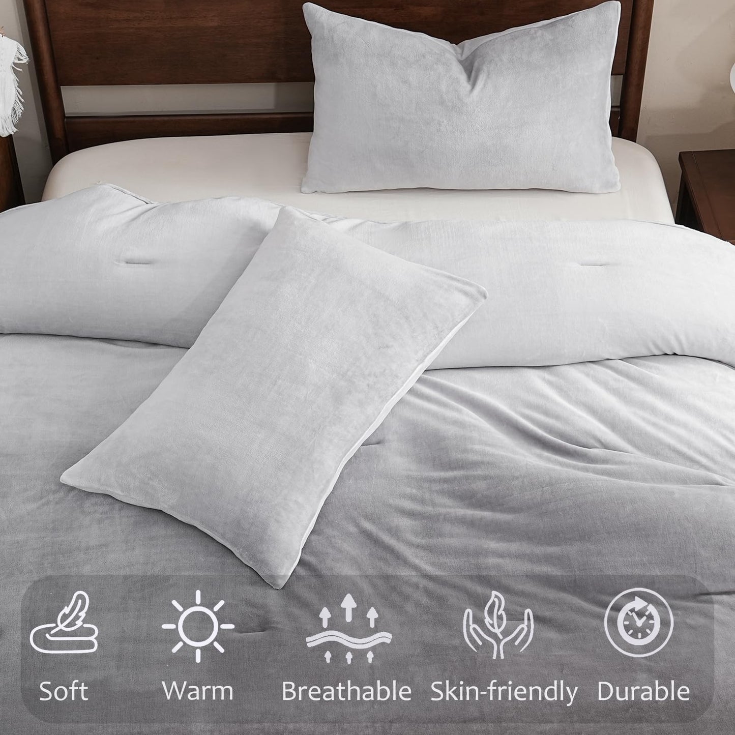 Bedbay Ombre Gray Velvety Fleece Comforter Set King Size Ultra Soft Plush Bedding Gradient Grey Thick Warm Cozy Winter Quilt Set with 2 Pillowcases Luxury Velvet Flannel Bedding Set 3 Pcs