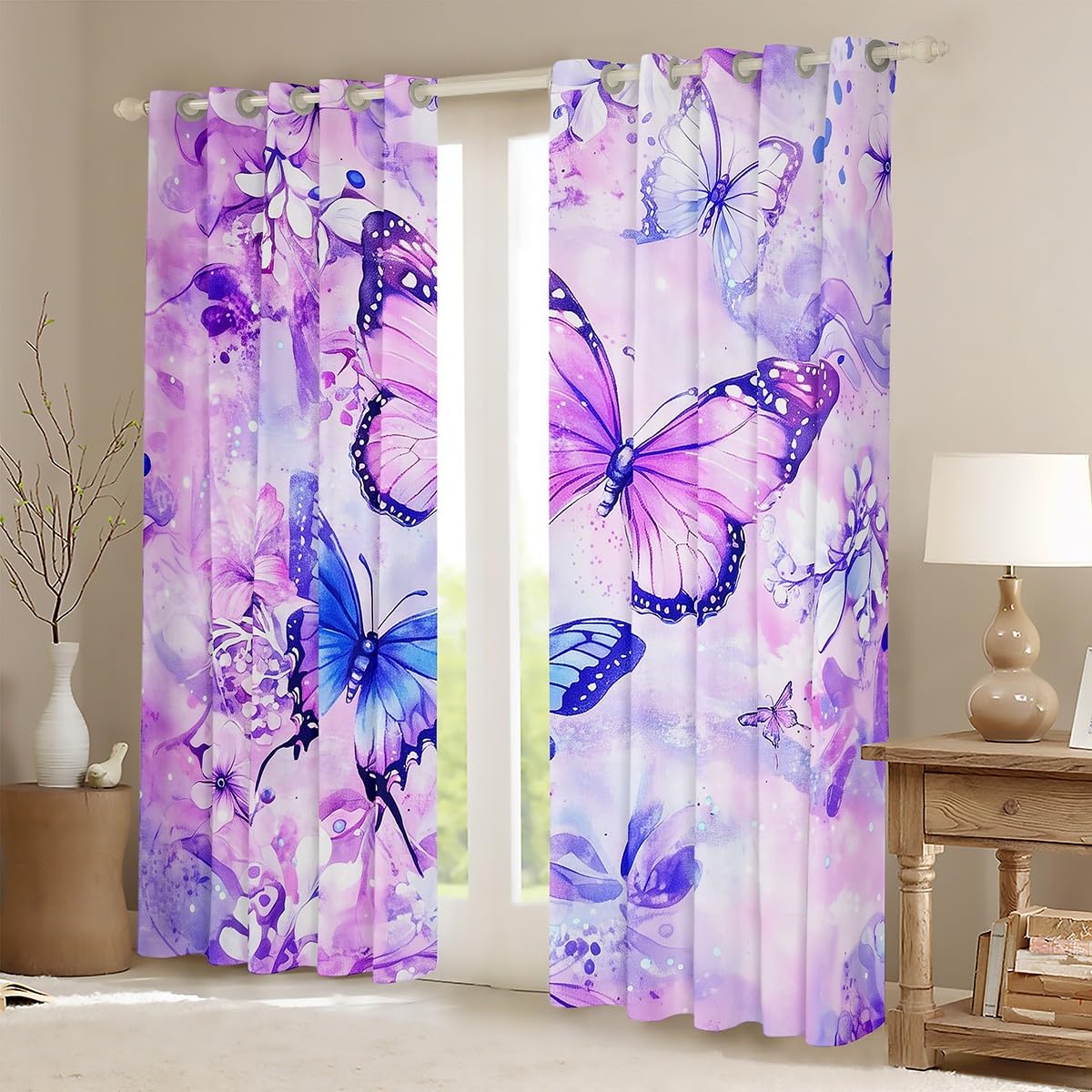 Feelyou Kids Butterfly Curtains,Blue Purple Butterfly Window Curtains for Bedroom Living Room,Floral Flower Butterfly Window Drapes,Girly Fancy Butterfly Blackout Curtains, 42W X 84L,2 Panels