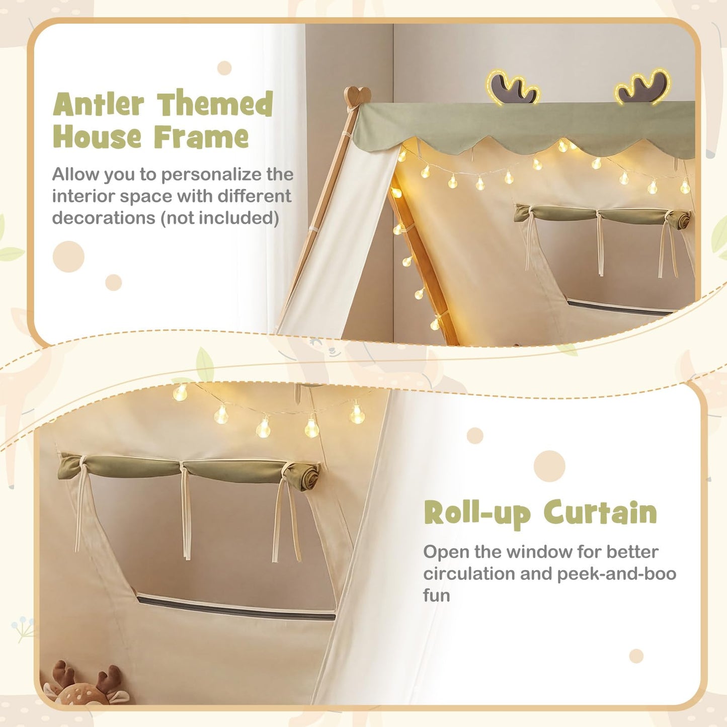 Costzon Twin Bed Frames for Kids, Wooden House Antlers-Shaped Floor Bed